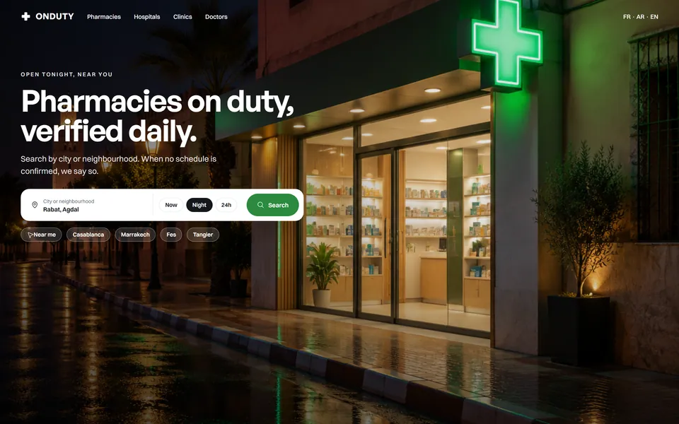 The homepage search for pharmacies on duty tonight.