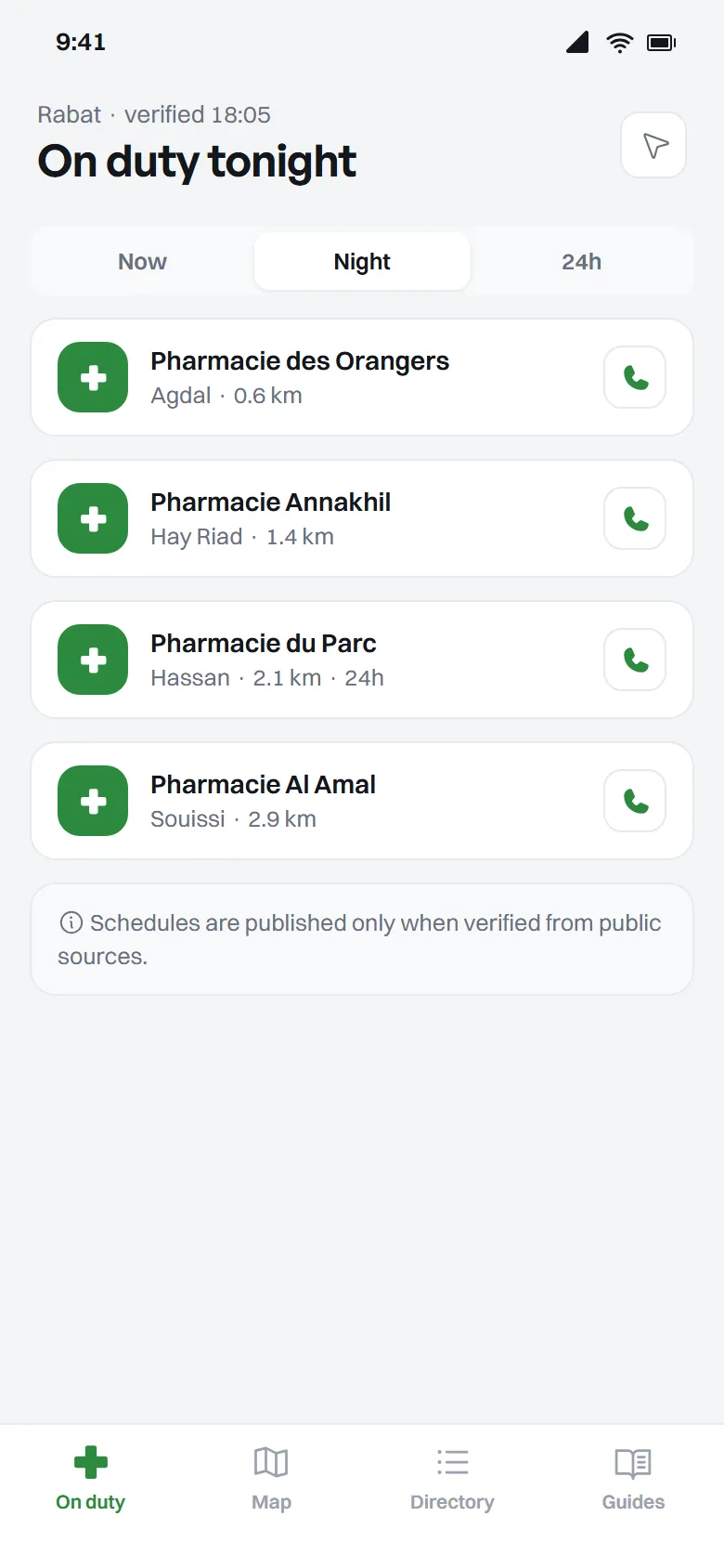 Mobile list of pharmacies on duty