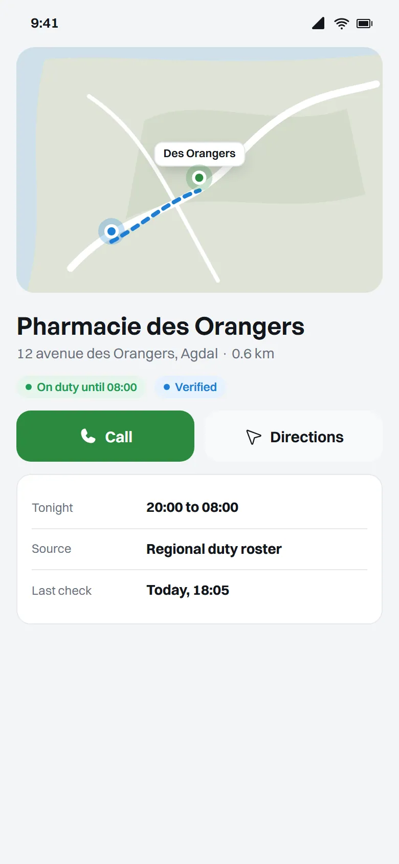 A pharmacy page with call and directions