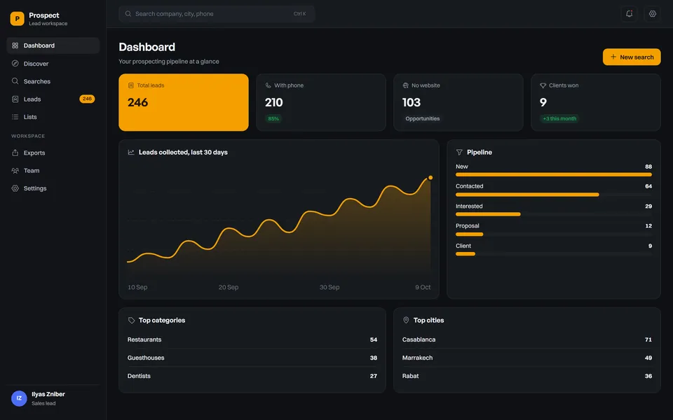 Dashboard showing leads collected over time, pipeline and cities