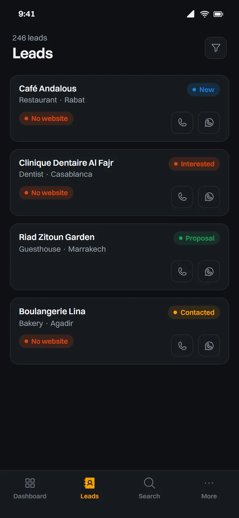 Mobile lead cards with call and WhatsApp actions