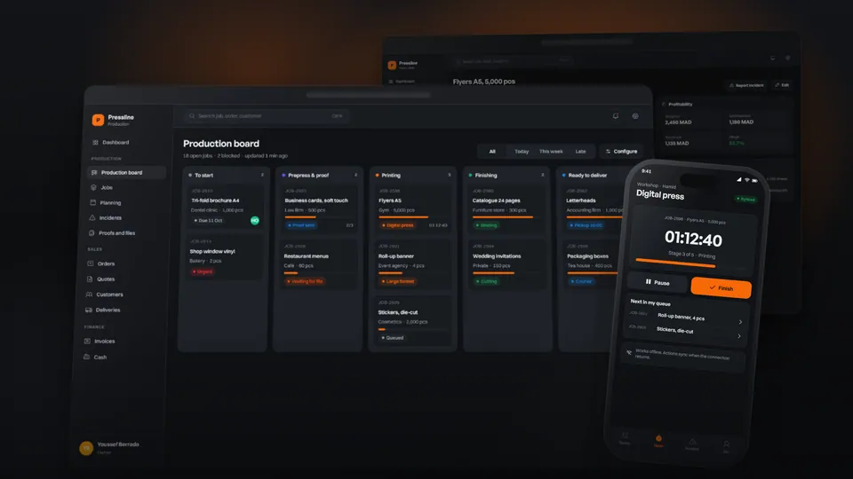 Production Workflow Platform shown on desktop and mobile