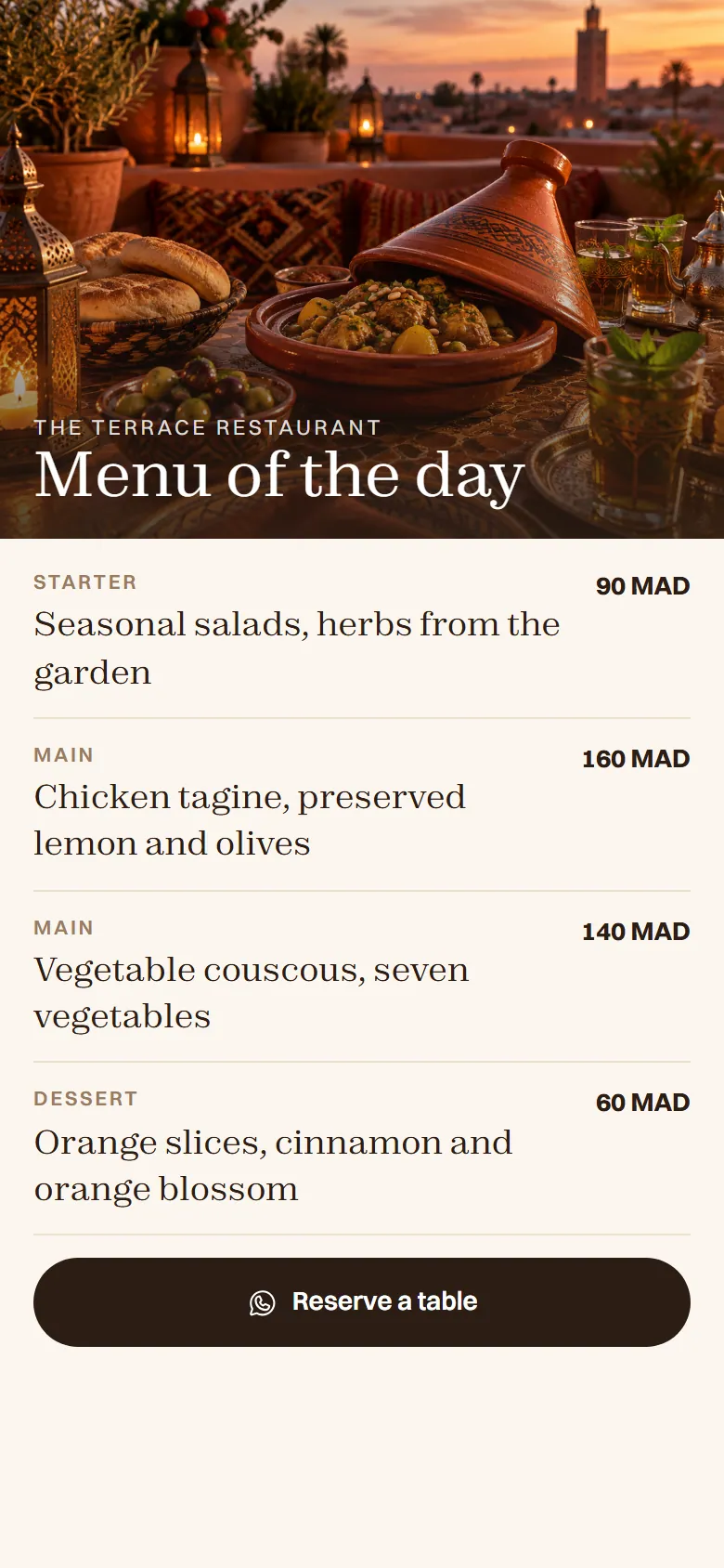The restaurant’s public menu of the day