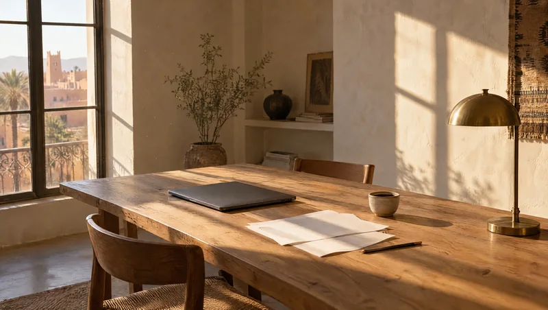 A quiet studio table in afternoon light with a closed laptop and blank sheets